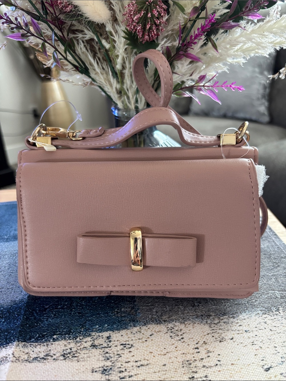 Madison West Small Dusty Pink Bow Crossbody Bag with Gold Hardware - Picture 8 of 10